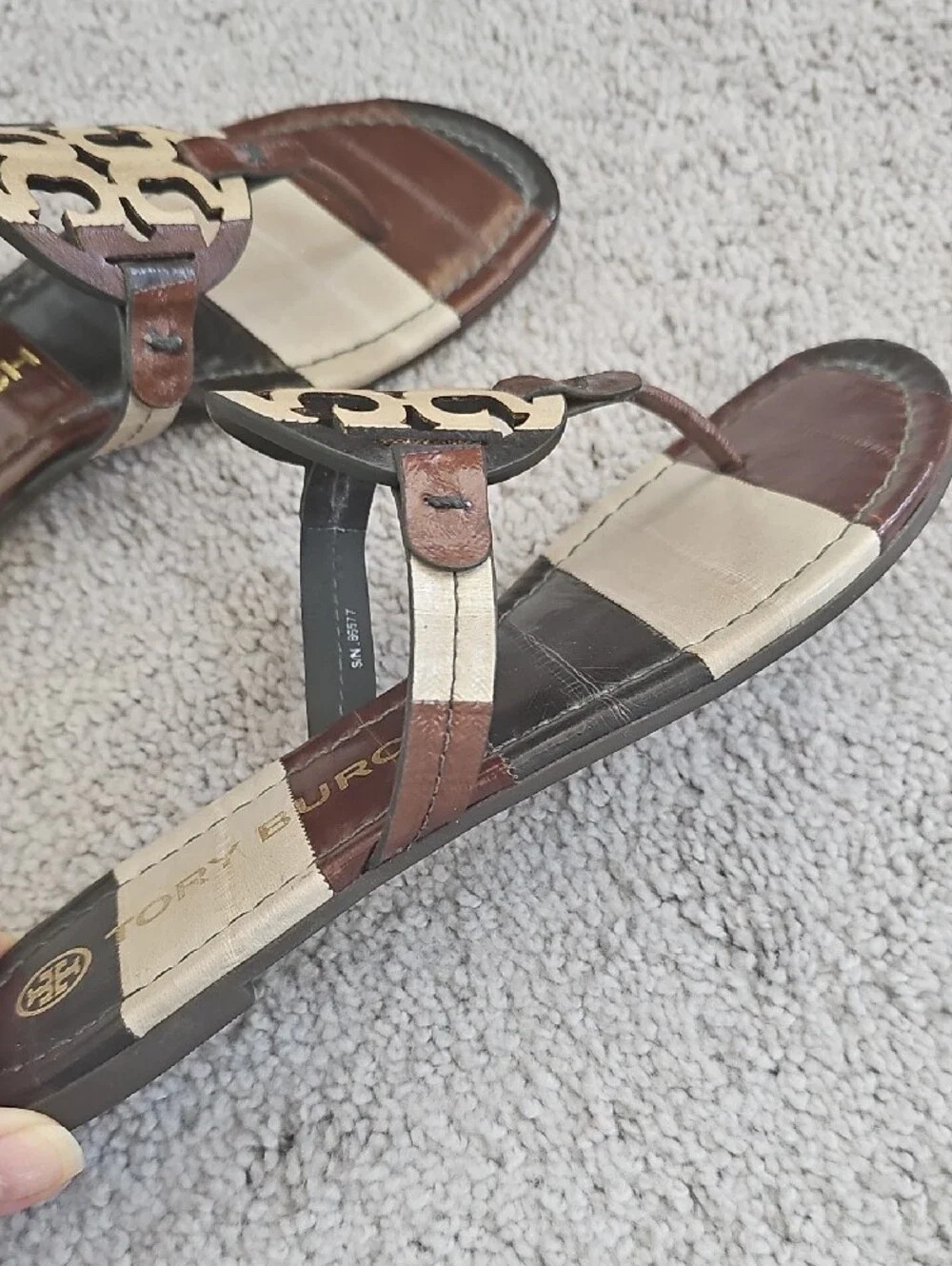 Tory Burch Brown and Cream Logo Leather Sandals